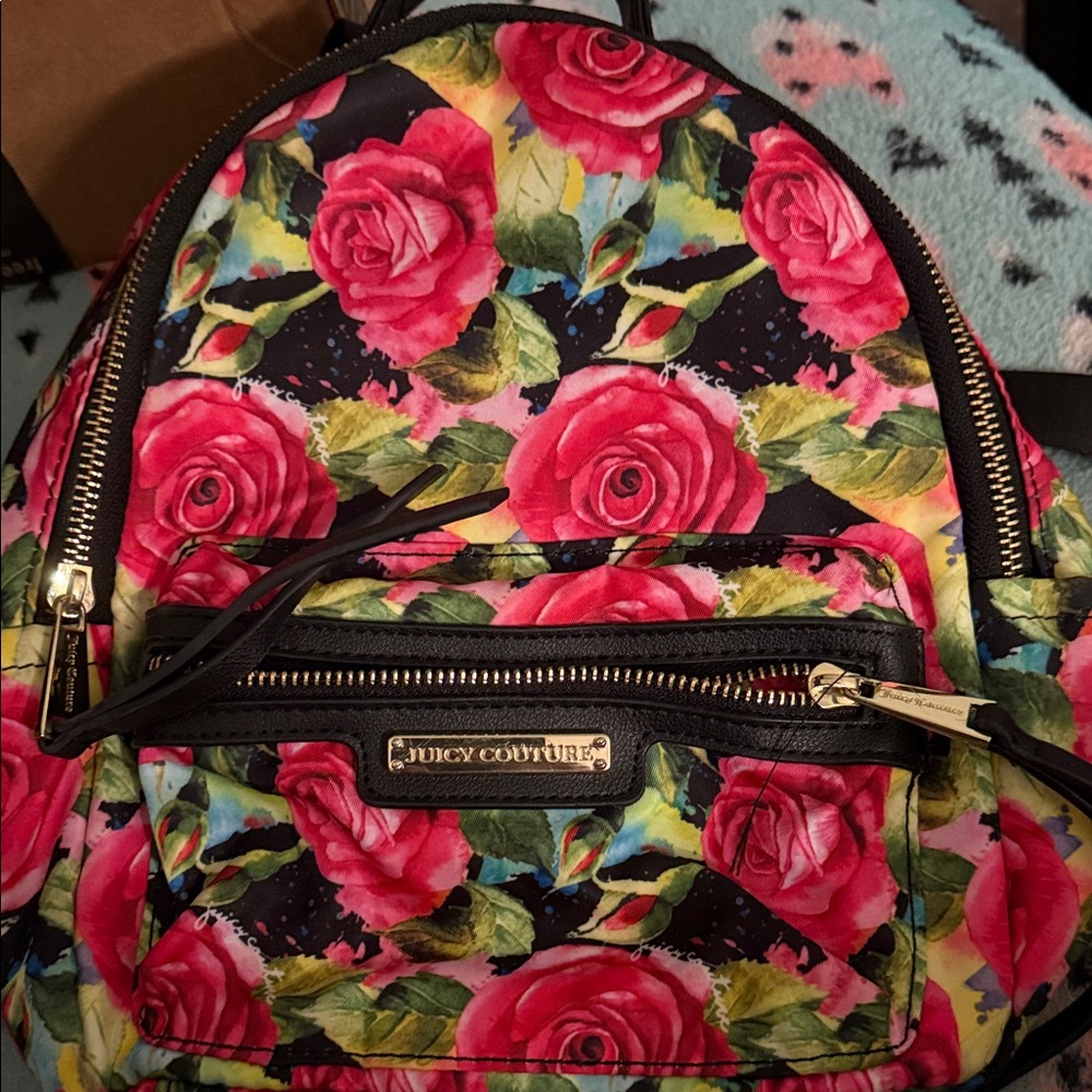 Juicy Couture Black Backpack with Pink Rose Print
